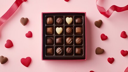 Box of chocolates on pink background with red hearts and ribbon, flat lay view, close-up shot with studio lighting, perfect for Valentine's Day or romantic gift concept.