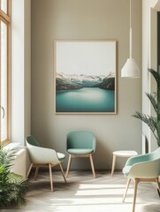 Mountain Lake Landscape Adorns Modern Room Interior