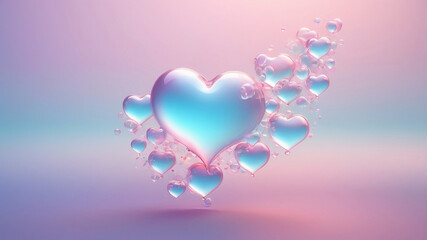 Whimsical Valentine&rsquo;s scene with translucent bubbles shimmering in pink, lavender, and baby blue on a pastel gradient, some with heart shapes, creating a dreamy and romantic ambiance.