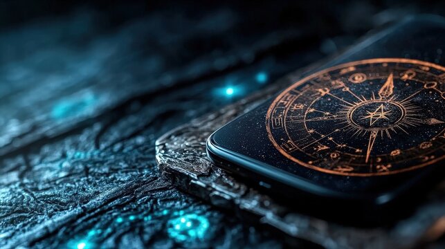 An artistic representation of astrological symbolism displayed on a sleek smartphone, merging technology with ancient beliefs, highlighting a blend of modernity and tradition.