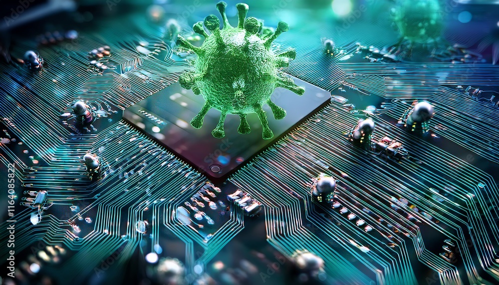 Poster a vibrant depiction of a computer chip intertwined with a stylized virus, representing the intersect