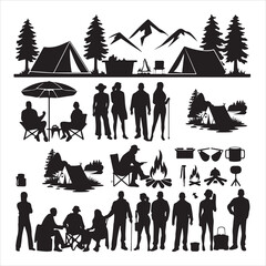 set of vector camping tent, tent icon, camping silhouettes collection, People camping scene, Landscape - camping in mountains silhouettes © Abdur Razzak ID: #52
