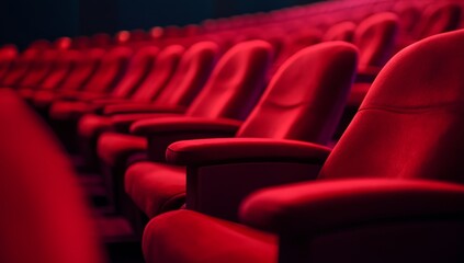 Fototapeta premium Rows of empty red velvet theater seats in a dark auditorium. (1)