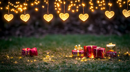 Festive heart-shaped lights and gift boxes outdoors holiday scene romantic atmosphere low angle celebration vibes