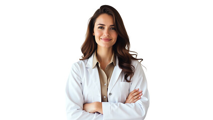 Confident woman doctor or nurse smiling, isolated PNG with transparent background, professional businesswoman standing in a studio, perfect for social media ads, web banners, posters, and 4K download