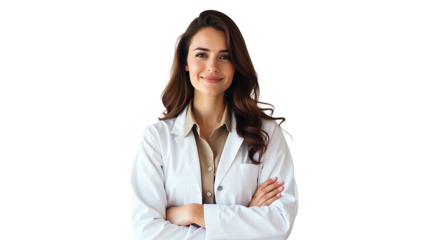 Confident woman doctor or nurse smiling, isolated PNG with transparent background, professional businesswoman standing in a studio, perfect for social media ads, web banners, posters, and 4K download