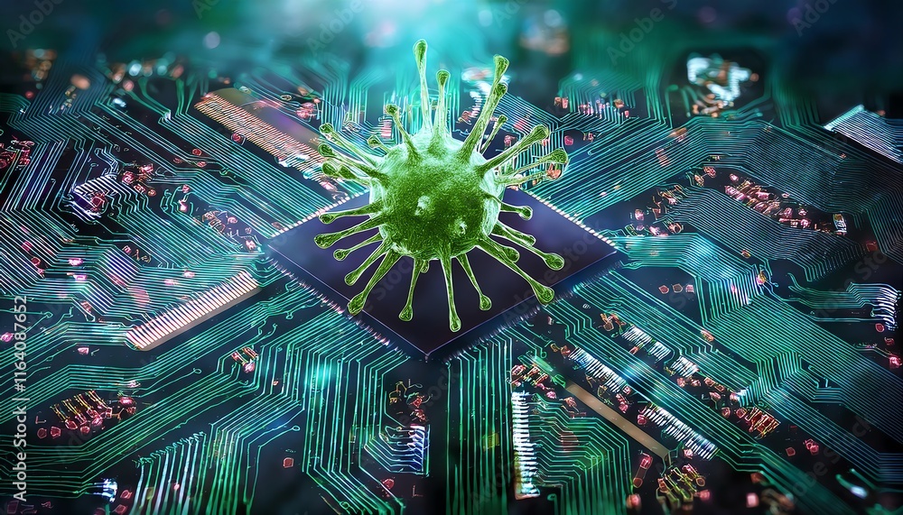Poster a computer chip with a vibrant virus illustration, symbolizing cybersecurity threats and digital vul