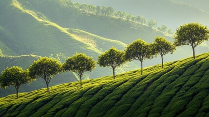 Coffee trees on plantation. The best selected coffee beans are still fresh and ready to be harvested.