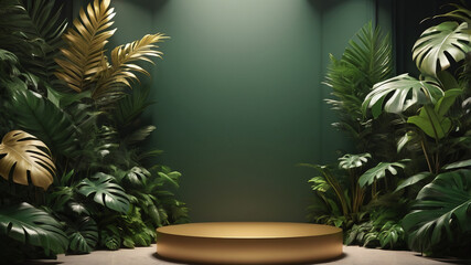 Dark green podium nestled in vibrant tropical leaves with golden sunlight filtering through. A lush, natural aesthetic perfect for organic designs