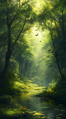 Obraz premium Nature's Tranquil Canopy: A Serene River Journey Through a Verdant Forest's Whispering Trees and Dancing Light