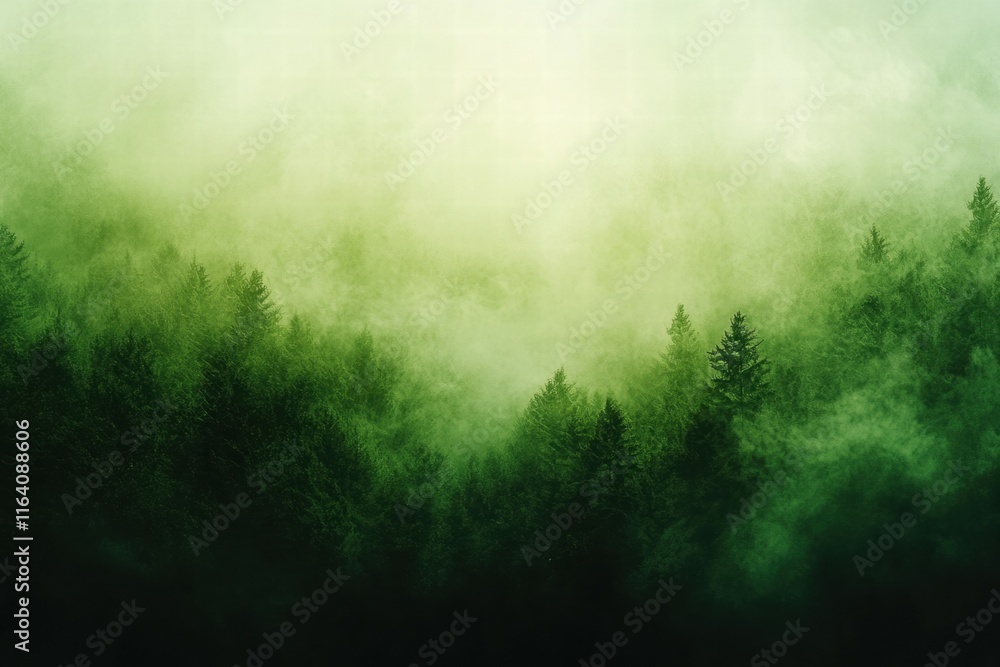 Poster a misty forest landscape with dense greenery and soft light.
