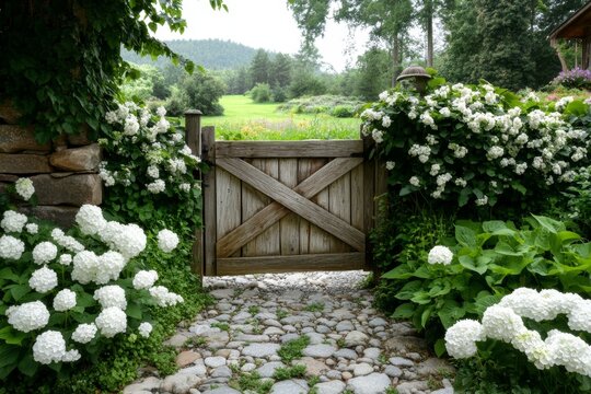 Ivy wrapping around a rustic wooden gate in a tranquil garden setting