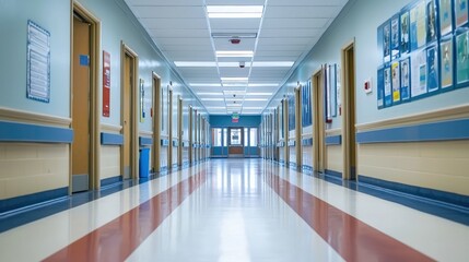 Obraz premium Long Hospital Corridor, Clean and Bright Interior, Empty Hospital Hallway, Medical Facility, Healthcare Architecture, Sterile Environment, Institutional Space