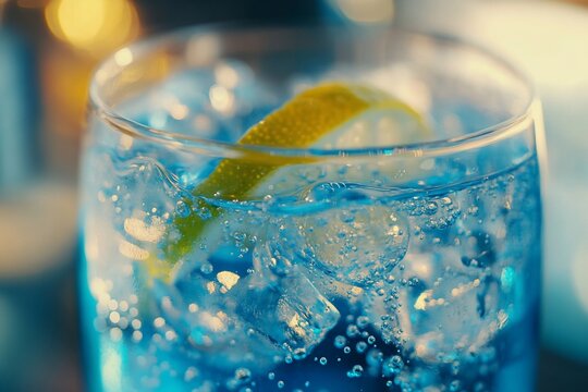 Close-up of a refreshing blue cocktail with ice and lime.