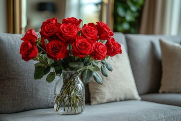 The light living room is festively decorated for Valentine's Day
