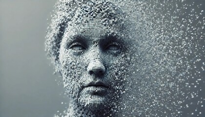 artistic digital visualization of the dissolving human face composed of three-dimensional cubes. Deep learning, Artificial intelligence.