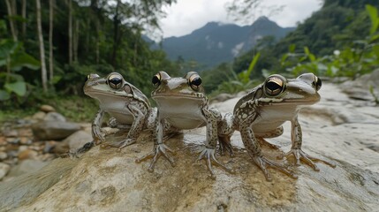Fototapeta premium Frogs Jumping on Rocks in Jungle Setting