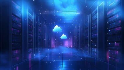 Futuristic server room with cloud computing icons.