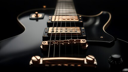 Acoustic guitar on a dark wooden background. Close up.