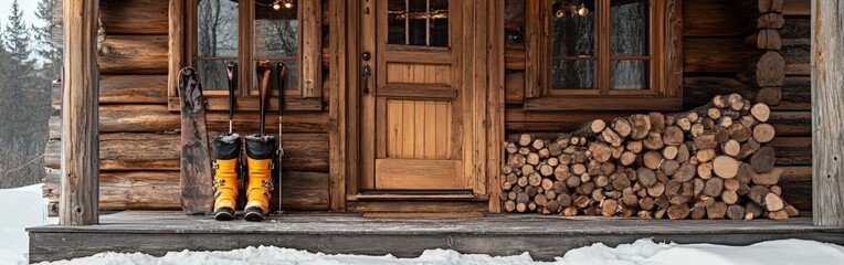 Snowy Log Cabin with Snowshoes