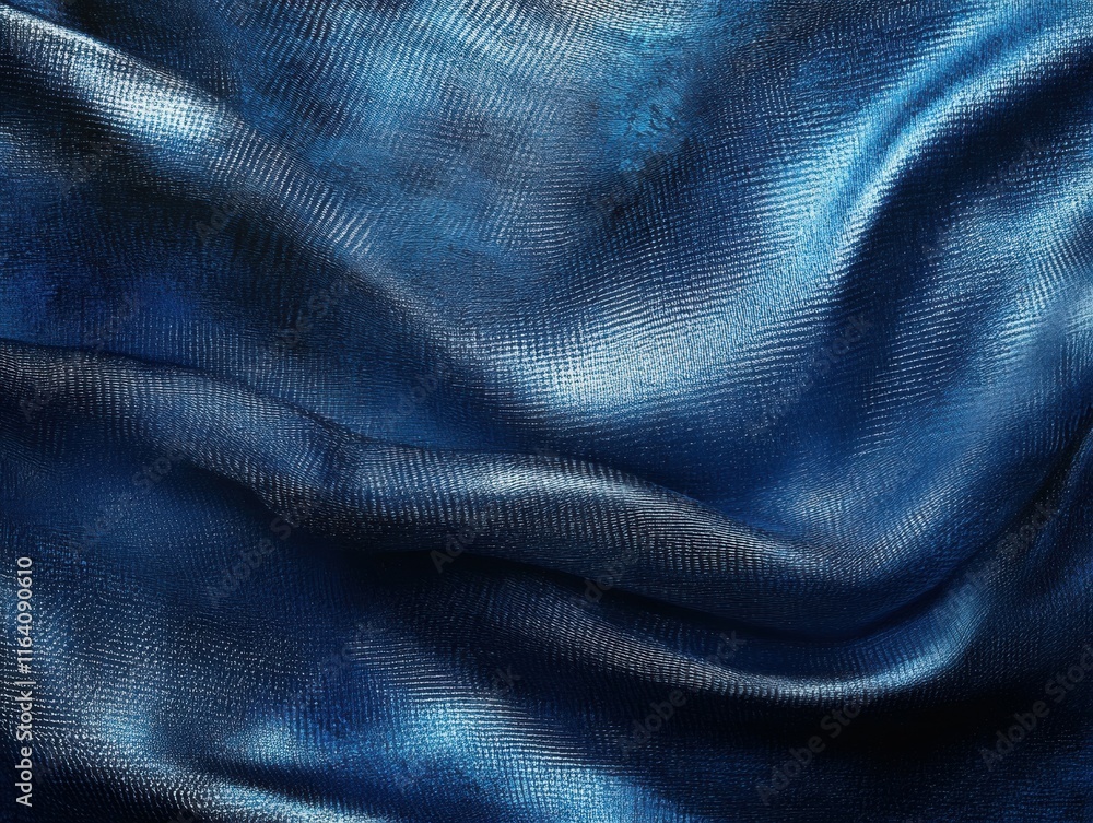 Poster close-up of smooth, shimmering blue fabric with intricate texture and folds.