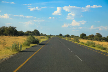 The Trans-Kalahari Corridor is a paved highway corridor that provides a direct connection from the port of Walvis Bay and Windhoek in central Namibia. Endless long asphalt road. Namibia Africa.