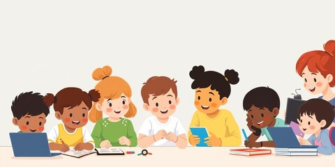 Children of various ethnicities and backgrounds collaborating on coding projects at a technology symposium, children, youth, coding