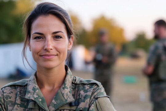 A smiling female soldier stands proudly in her uniform at a training camp, representing strength, empowerment, and the commitment of women in the military forces.