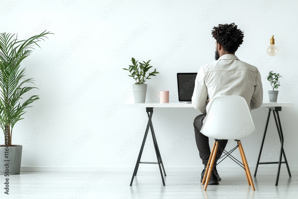Poster a man sits at a computer in an illustration that embodies remote work, the practice of working from 