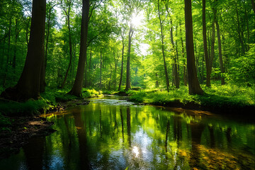 Fototapeta premium Nature's Tranquil Canopy: A Serene River Journey Through a Verdant Forest's Whispering Trees and Dancing Light