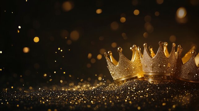 Epiphany Day or Dia de Reyes Magos concept. Three gold crowns on blue  and black sparkling background.