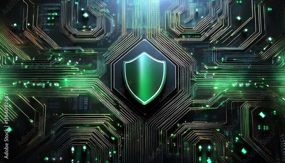 Poster a futuristic shield symbol on a circuit board background, representing digital security and technolo