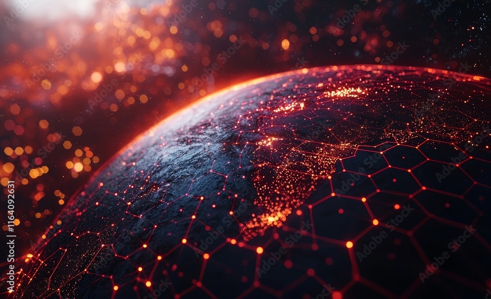 Poster illustration of earth as a round object and social network logos, interconnected with lines and circ