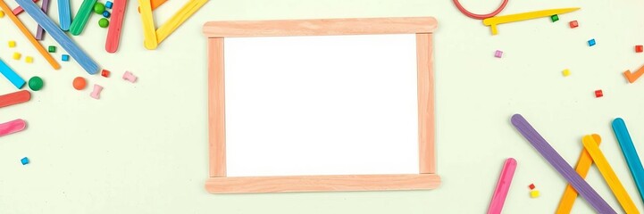 DIY photo frame made from popsicle sticks adorned with beads and glitter, blank space for photo, colorful, craft, ready for photo