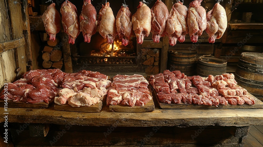 Poster display of various types of meat in a rustic setting.
