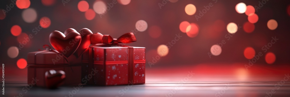 Poster festive concept with gift box and hearts on red background with bokeh. valentine's day background. 3