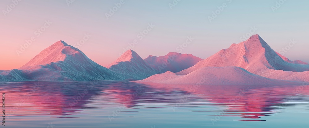 Poster in a modern minimal abstract setting, this 3d render shows a futuristic landscape with towering clif