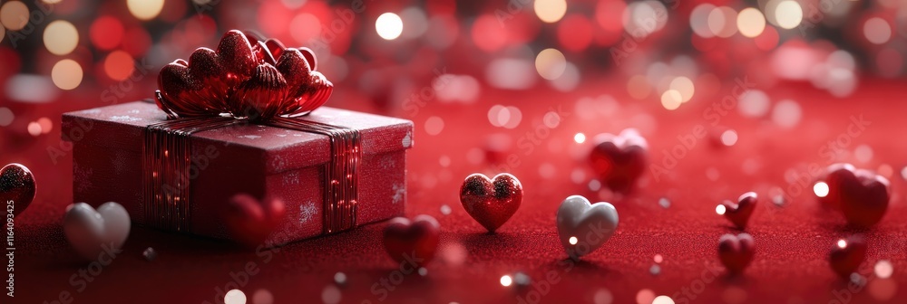 Poster festive concept with gift box and hearts on red background with bokeh. valentine's day background. 3