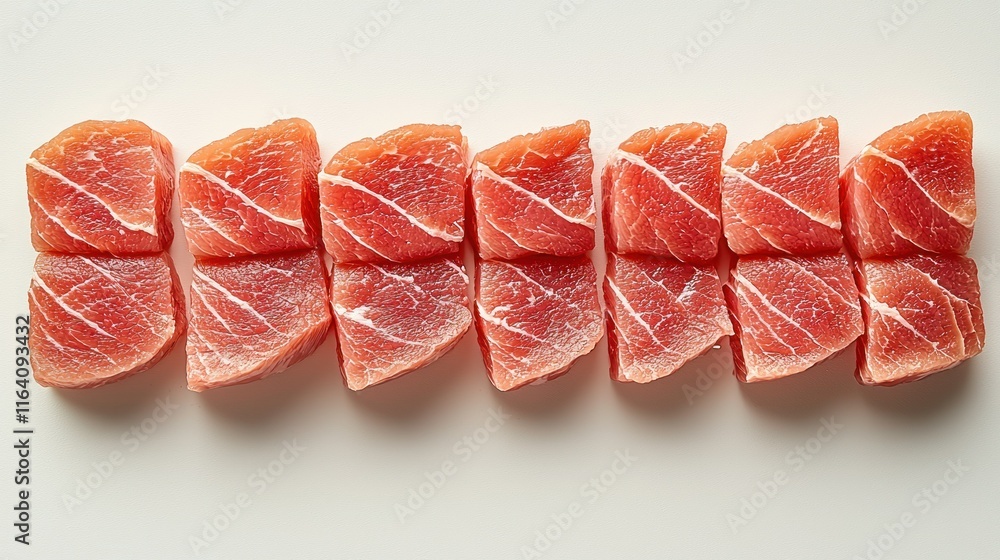 Poster fresh cuts of red meat arranged neatly in a row.
