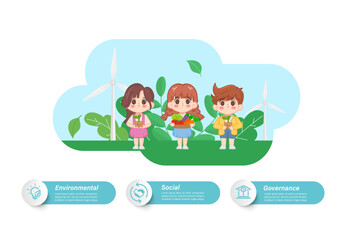 Cute little boy and girl planting the tree seedlings. ESG save world concept.