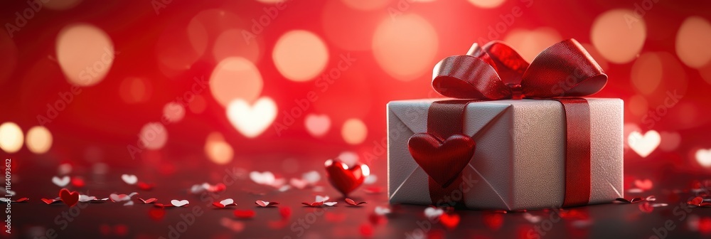 Poster festive concept with gift box and hearts on red background with bokeh. valentine's day background. 3