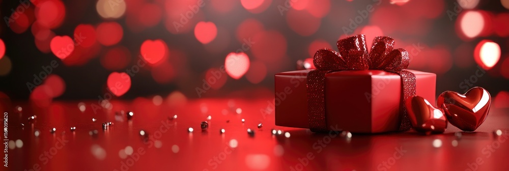 Poster festive concept with gift box and hearts on red background with bokeh. valentine's day background. 3