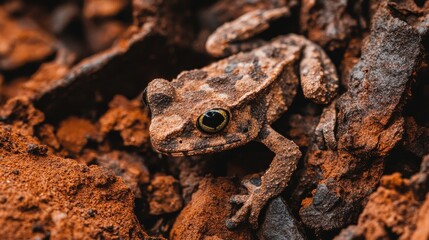 Obraz premium Macro Frog Blending into Textured Jungle Rocks