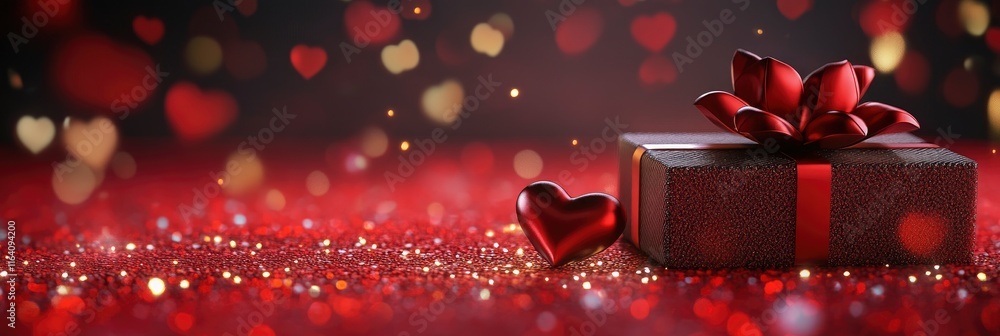 Poster festive concept with gift box and hearts on red background with bokeh. valentine's day background. 3