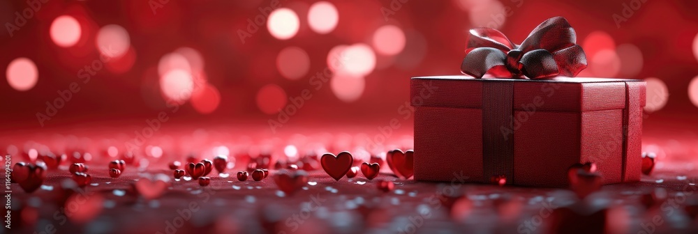 Poster festive concept with gift box and hearts on red background with bokeh. valentine's day background. 3