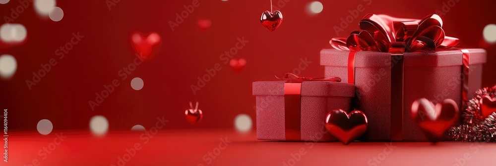 Poster festive concept with gift box and hearts on red background with bokeh. valentine's day background. 3