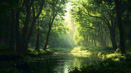 Obraz premium Nature's Tranquil Canopy: A Serene River Journey Through a Verdant Forest's Whispering Trees and Dancing Light