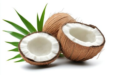 Two halves of a coconut with shell and fresh coconut meat, beside a palm leaf, isolated on white background.