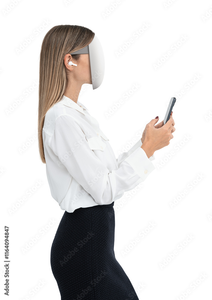 Aufkleber side view of a woman in business attire using a smartphone while wearing a futuristic face mask, iso