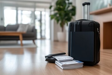 A travel bag is placed next to essential documents and a wallet on a polished floor, symbolizing readiness and anticipation for an exciting journey ahead.